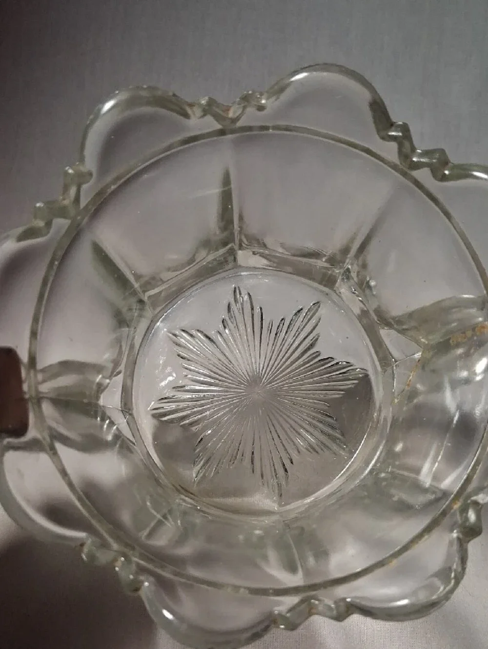 Vintage 1930s Open Glass Scalloped Sugar Bowl Handles Snowflake Design Bottom